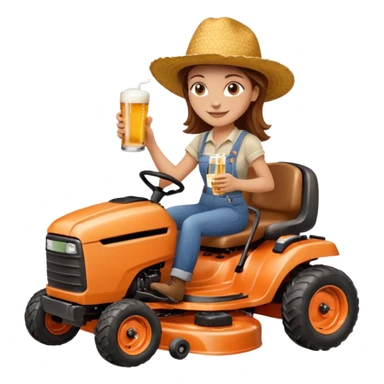 White woman with brown hair, without glasses wearing a straw hat, on old orange ride on lawn mower, holding a beer with one hand and holding the steering wheel with the other hand. Woman is smiling.  sticker