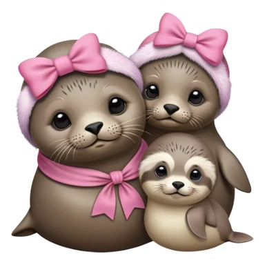 Mom seal with pink bow on her head and baby seal with a brown touqe sticker