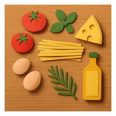 A realistic top-down view of a wooden kitchen table with various common ingredients neatly arranged (like tomatoes, pasta, eggs, cheese, herbs, olive oil). The background should be dark and soft to match a modern app interface. Lighting should highlight the ingredients naturally, with soft shadows. No text, no hands, minimalistic but warm and homely, like a mobile UI background for a cooking app. sticker