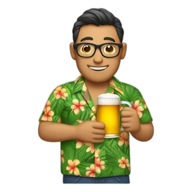 A person wearing glasses and an aloha shirt is holding beer sticker