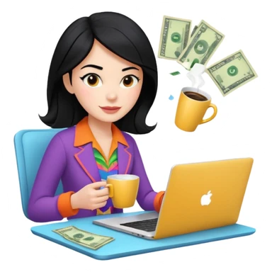  woman character with laptop and coffee in Paris, dollars coming out from the screen floating, colorful chic outfit, white laptop, Pixar style, black hair, fair skin,  sticker