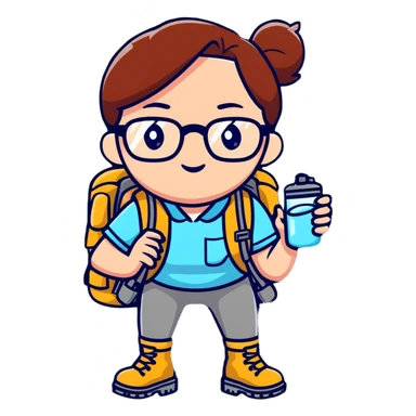 Woman in her late 30s with glasses wearing sporty outfit, hiking boots, and backpack, holding a magnifying glass and looking curious sticker