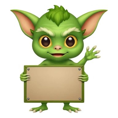 A gremlin holding a large blank sign sticker
