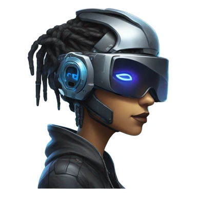 female netrunner, cyberpunk hacker with mechanical glasses, black robot body, black vr headset, eyes covered, no eyes, blue neon sticker