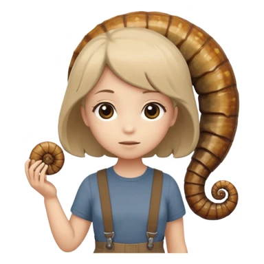 Shelly has a small, chibi-style body with a large ammonite-shaped head that looks like a beige fossil shell. One side of her head has a dark opening, making it clear she isn’t human. Her face is simple and soft, with big round eyes. She wears a brown suspender outfit over a lighter shirt sticker