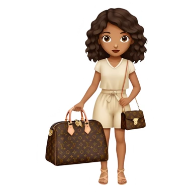  Brown girl with dark brown medium beach wavy hair carrying one Louis Vuitton purse on her arm while standing  sticker
