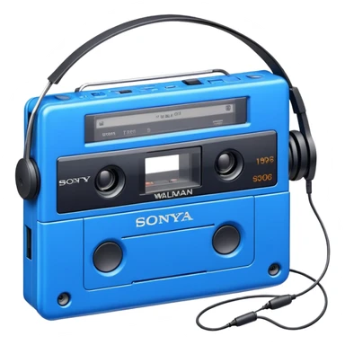 Blue Sony Walkman portable cassette player from the 1980s with headphones sticker