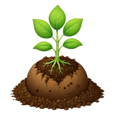 small green sprout with only two leaves, growing from a round brown soil ball sticker