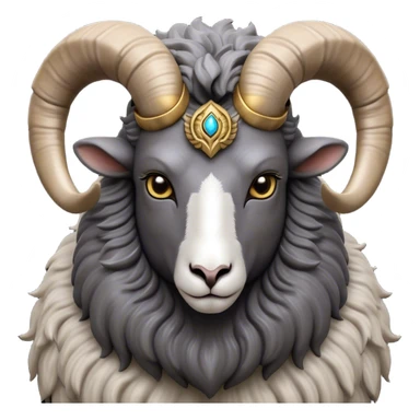 Cinematic Noble Ram Portrait Emoji, Poised and regal, with a sturdy, powerful build and a thick, woolly grey fur adorned with impressively curled horns, deep-set soulful dark eyes, Simplified yet sharp and sophisticated features, highly detailed, glowing with a soft, dignified glow, high shine, intelligent and commanding, stylized with an air of rugged majesty, focused and attentive, soft glowing outline, capturing the essence of a watchful and confident ram, so majestic it feels as though it could charge out of the screen with effortless authority! sticker