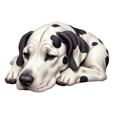 Meme-Worthy Cute Sleeping Harlequin Great Dane Portrait Emoji, Head resting peacefully with a contented smile, showcasing a delightfully majestic build and a luxuriously soft coat of predominantly white with bold black patches, eyes shut in a serene nap, Simplified yet hilariously adorable features, highly detailed, glowing with a soft, drowsy light, high shine, relaxed and utterly lovable, stylized with an air of playful laziness, bright and heartwarming, soft glowing outline, capturing the essence of a comically sleepy guardian, so meme-worthy it feels like it could instantly become the next viral sensation of adorable slumber! sticker