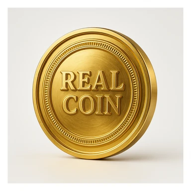 a gold coin with the words 'real coin' written in the center, realistic metallic shine, clear readable text, centered composition sticker