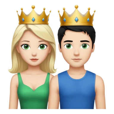 Prince with crown, black hair, body, legst, blue eyes, woman blonde hair, green eyes, sexy white short sleveless dress,  sticker