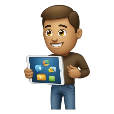 male holding a digital tablet with social media platforms sticker