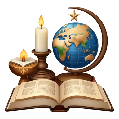 An icon featuring a holy book, a candle, and a cross, symbolizing religious studies. The design includes a globe with various religious symbols: a crescent moon and star (Islam), a lotus flower (Buddhism), representing global belief systems. Transparent background. sticker
