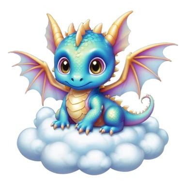 Airbrush painted image of an adorable little baby dragon with large glistening eyes sitting on a cloud under a deep galactic sky with pearlescent scales and wings spread against the stars sticker