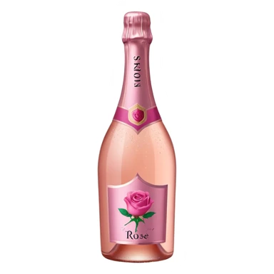 bottle of sparkling rosé with a rose logo on the label, angled to the left, no glass sticker