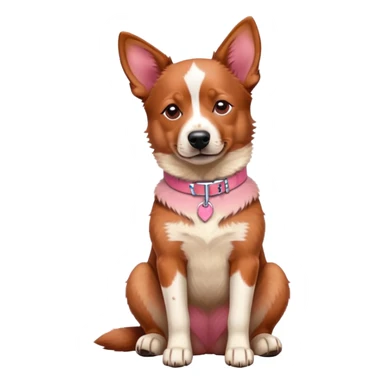 Australian red heeler dog sitting down facing forward, with a pink collar around neck sticker