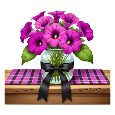 A lush bouquet of bright light margenta color petunia black satin ribbon, resting on an antique wooden table, with a pale yellow and pink plaid pattern table cloth sticker