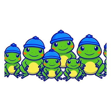 a family of frogs wearing blue hats, parent frogs and baby frogs all together sticker