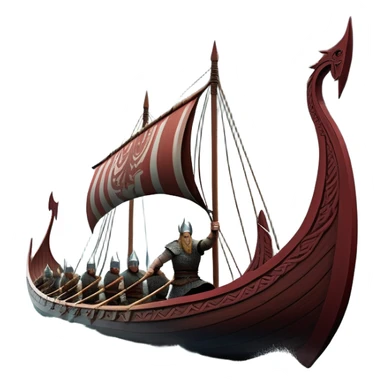 detailed-cinematic-viking-longboat, rendered in a flat, bold vector style with minimal shading, featuring a striking dragon-headed prow slicing through waters. shields on the side and vikings rowing The longboat’s, the boat has carved motifs evoke a sense of epic adventure and Nordic might, with billowing sails catching a dramatic, stormy sky backdrop. sticker