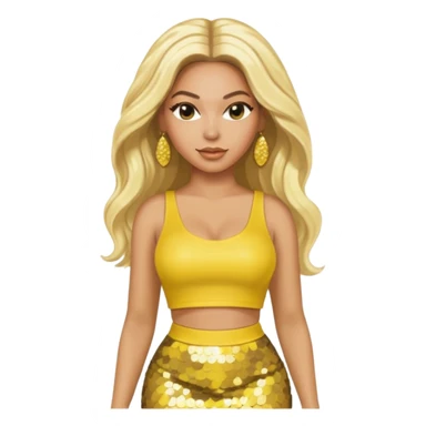 Beyonce with long platinum blonde hair, yellow sequin crop top yellow sequin skirt, gold earring sticker