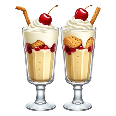 A tall glass parfait with vanilla ice cream, whipped cream, red cherry on top, and biscuit sticks, served in a retro kissaten glass. sticker