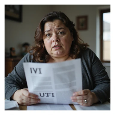 Obese woman trying to read a document, letters appearing blurred or flying off the page, confused expression, home environment, hyperrealistic 4K details. sticker