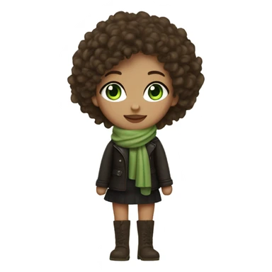 A girl with curly brown head and white skin. Green eyes long lashes wearing high knee boots , mini skirt with black tights  a leather jacket and a beige scarf with matcha green note on her hand  sticker