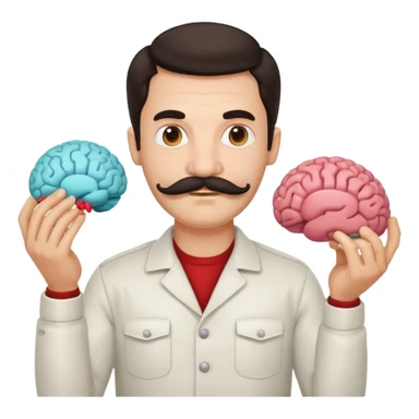 mustachioed man with dark hair holding a brain as an emoji different mustache  sticker