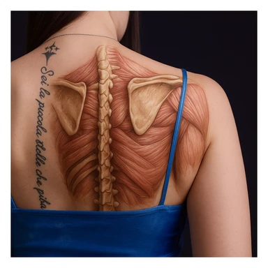 Add anatomically detailed and well-visible scapulae on the woman's back in a realistic anatomical style, with slight highlighting of the surrounding muscles. The image should emphasize anatomical accuracy and muscle structure around the scapulae. sticker