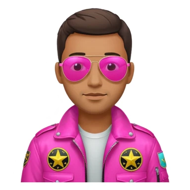 1980s cool man with stubble wearing reflective neon pink aviator sunglasses and a pilot topgun jacket sticker
