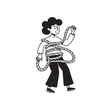 A person humorously tied up and tangled in rope with a silly expression, drawn in a lighthearted way sticker