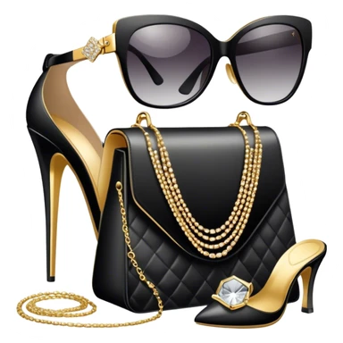 A photorealistic icon featuring luxurious fashion accessories like a high-end handbag, elegant high heels, a sparkling diamond necklace and a stylish pair of sunglasses. The design includes gold accents, soft lighting, and glamorous textures, fashion, and VIP luxury. Transparent background sticker