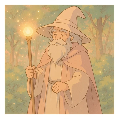 wizard with soft colors and magical atmosphere, ghibli style sticker