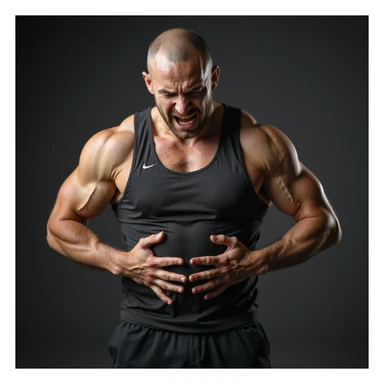 realistic 4K man in sportswear squeezing his belly with both hands, angry expression sticker