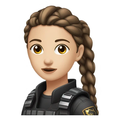 A young woman with a petite and slender build, pale, hazel eyes, and long brown hair that has a silver strand, pulled back into a braid. She’s wearing black tactical battle gear. sticker