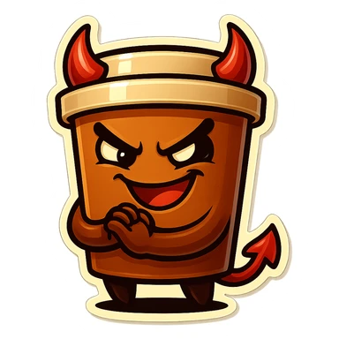 Tall coffee cup, devil horns, smirking, evil, rubbing hands together, laughing sticker