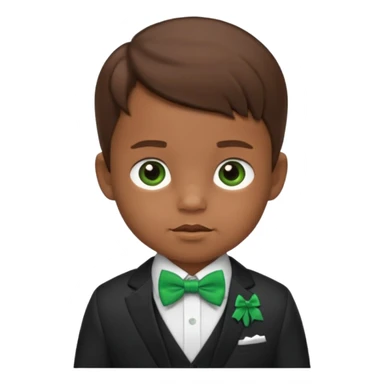 baby boy brown hair in suit, with green bow sticker