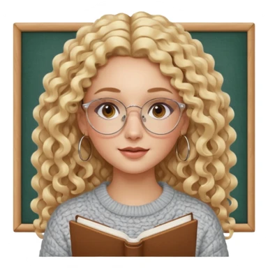 cute white woman with VERY LONG blonde curly hair, brown eyes, full lips, natural clean girl makeup and hoop earrings and square glasses, studying sticker