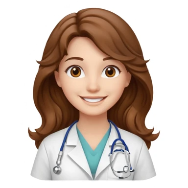 young woman, brown long wavy hair, medical white clothes, friendly, front view, smiling sticker