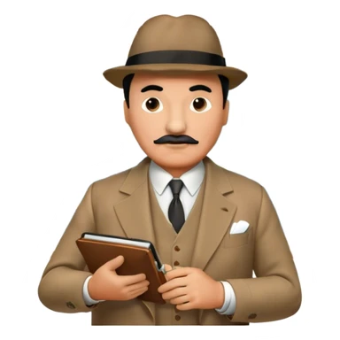 A cinematic-style frame showing Hercule Poirot in his iconic suit with a notebook in a dramatic detective pose. Background should be mysterious city, map, a board with photos of suspects, clues like fingerprints. Transparent background. sticker