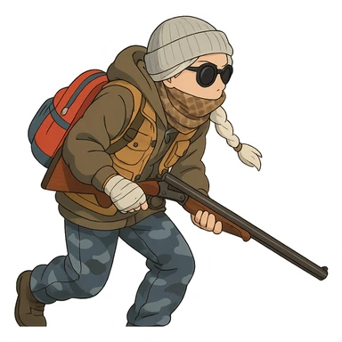 1 female, long white braid, knit cap, dark sunglasses, shemegh neckwrap, fishing vest, vibrant shool backpack, drab hoodie, handwraps, blue camo pants, Blaser Bbf-95, hunched over, on the move sticker