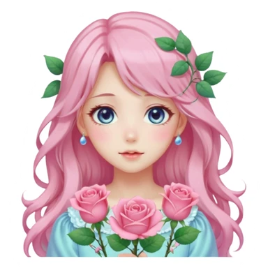 Gorgeous pastel anime style lady with blushing face and roses cottagecore fairycore pastelcore shiny colorful pearly aesthetic trending style sticker