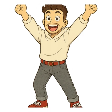 1 male, mid fade haircut dark chestnut brown curly hair, toasted lightskin, white hoodie sleeves up, gray fashion jeans, red fashion-sneakers shoes, red belt, short trimmed beard and goatee,  style of deku from "my hero academia",  doing a pose for a "happy" emote for twitch sticker