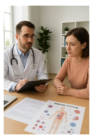 a doctor sits across from a patient in a bright, modern medical office. The doctor holds a clipboard and gently explains the diagnosis, while the patient listens with a concerned but attentive expression. On the desk, there are medical charts and a diagram of the immune system. The mood is empathetic and professional. sticker