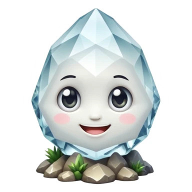 A single cute crystal rock character inspired by a clear quartz cluster, chunky round base with many tall transparent crystal spikes growing upward all around it, faceted and slightly imperfect, on the front of the base a big kawaii face with large glossy eyes and a wide happy smile sticker
