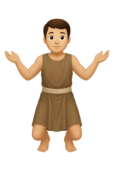 Remake this emoji in apple emoji style with brown hair and no silver handbands, fullbody apostle kneeling pose, new variation 7. Maintain the apple emoji style look and details. sticker