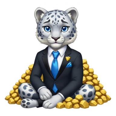 muscular snow leopard in black suit with blue tie sitting on pile of gold nuggets sticker