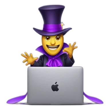 magician with a purple pointy magic hat with a star working on a macbook sticker