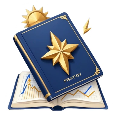 A navy blue productivity book with gold details, chart with upward trend aura, radiating productivity, strategy, and success in motion- sticker